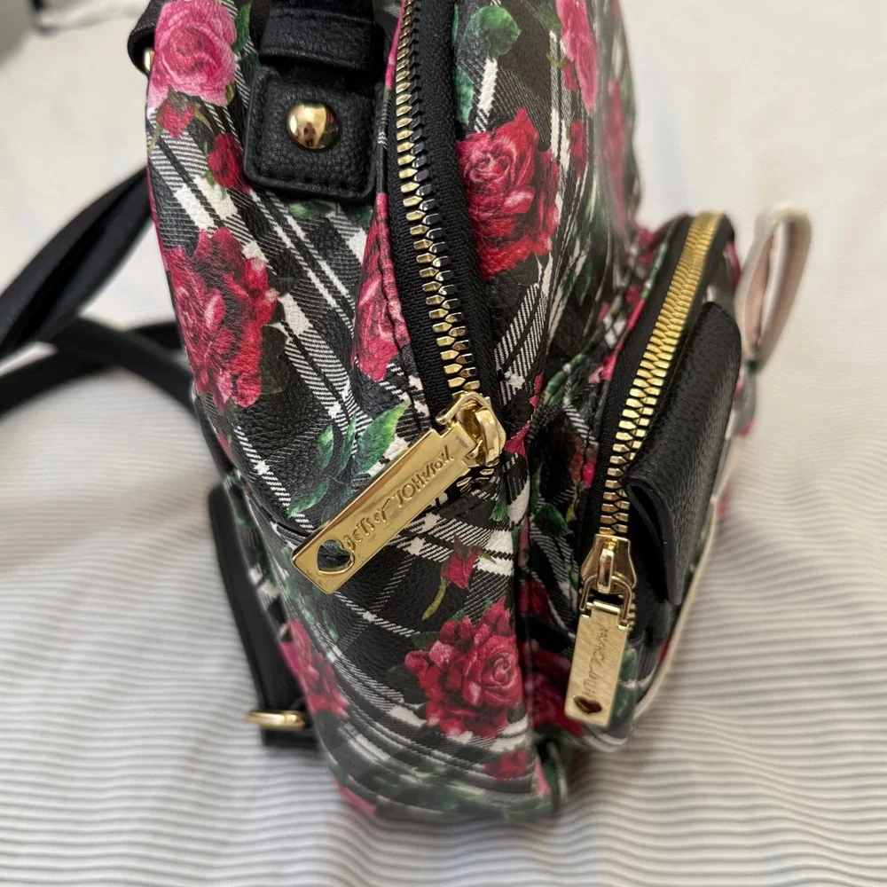 Betsey Johnson Black White Dog Mini Backpack Roses Plaid